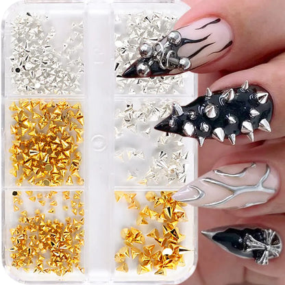 ✨ 6-Grid Mini Metal Rivet Punk Nail Charms – Gold & Silver Cone Nail Studs for Bold Nail Art ✨