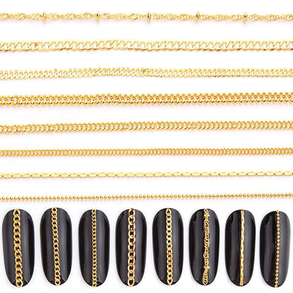 ✨ 8 Strips Gold Nail Chains – 3D Metal Nail Art Charms for Bold & Elegant Designs ✨