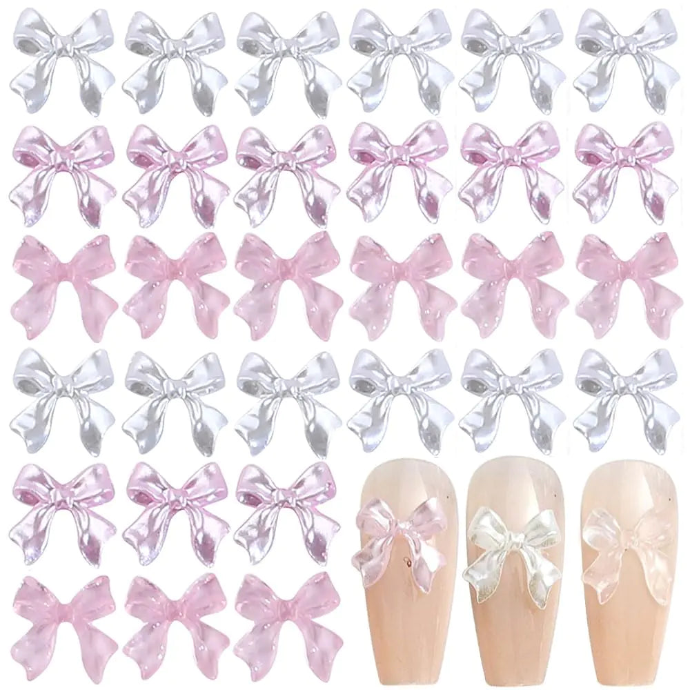 🎀 60Pcs Cute Bow Nail Charms  Kawaii 3D Nail Accessories in White & Pink 🎀