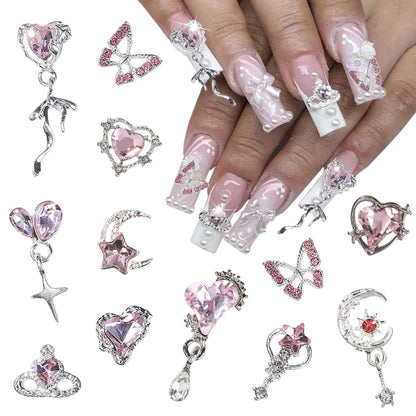 ✨ Butterfly & Heart Nail Charms – 3D Silver Rhinestones for Stunning Nail Art ✨