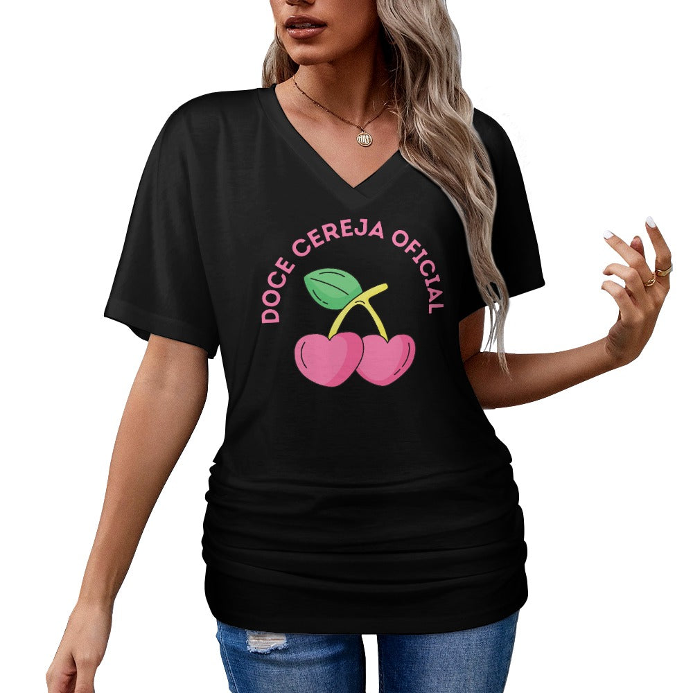 V-Neck Pleated T-Shirt  Doce Cereja Oficial
