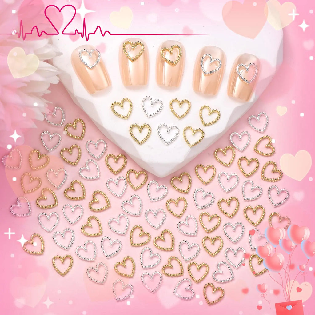 💖 Uotey 80PCS Heart Nail Charms  Gold & Silver 3D Alloy Hearts for Romantic Nail Art 💖