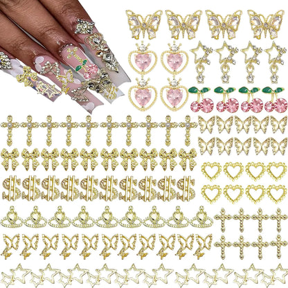 ✨ 106PCS Gold Nail Charms – Cross, Butterfly, Cherry & Star Nail Gems for Stunning Nail Art ✨