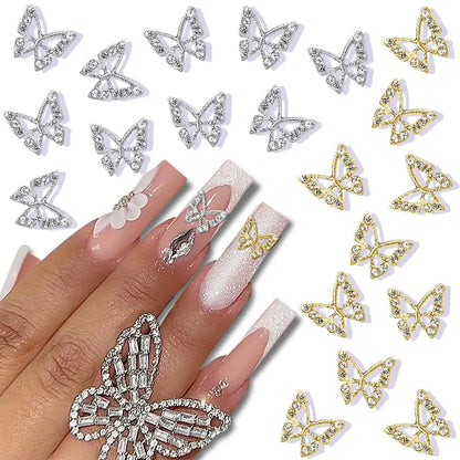 🦋 20PCS 3D Butterfly Nail Charms  Elegant Gold & Silver Rhinestone Nail Decorations 🦋