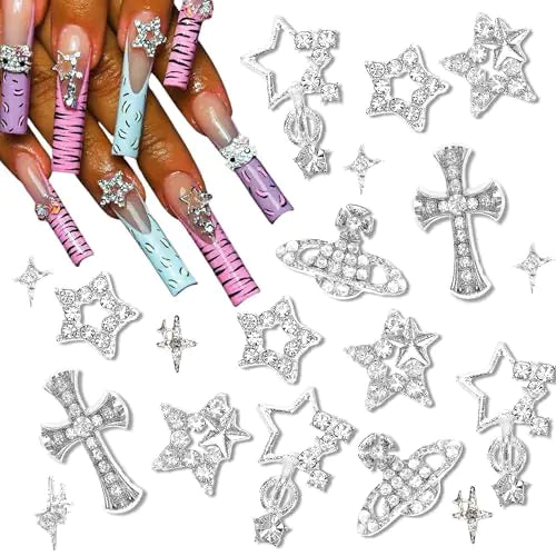 ✨ 42PCS 3D Star Nail Charms  Silver Rhinestones & Crystal Stars for Cosmic Nail Art ✨