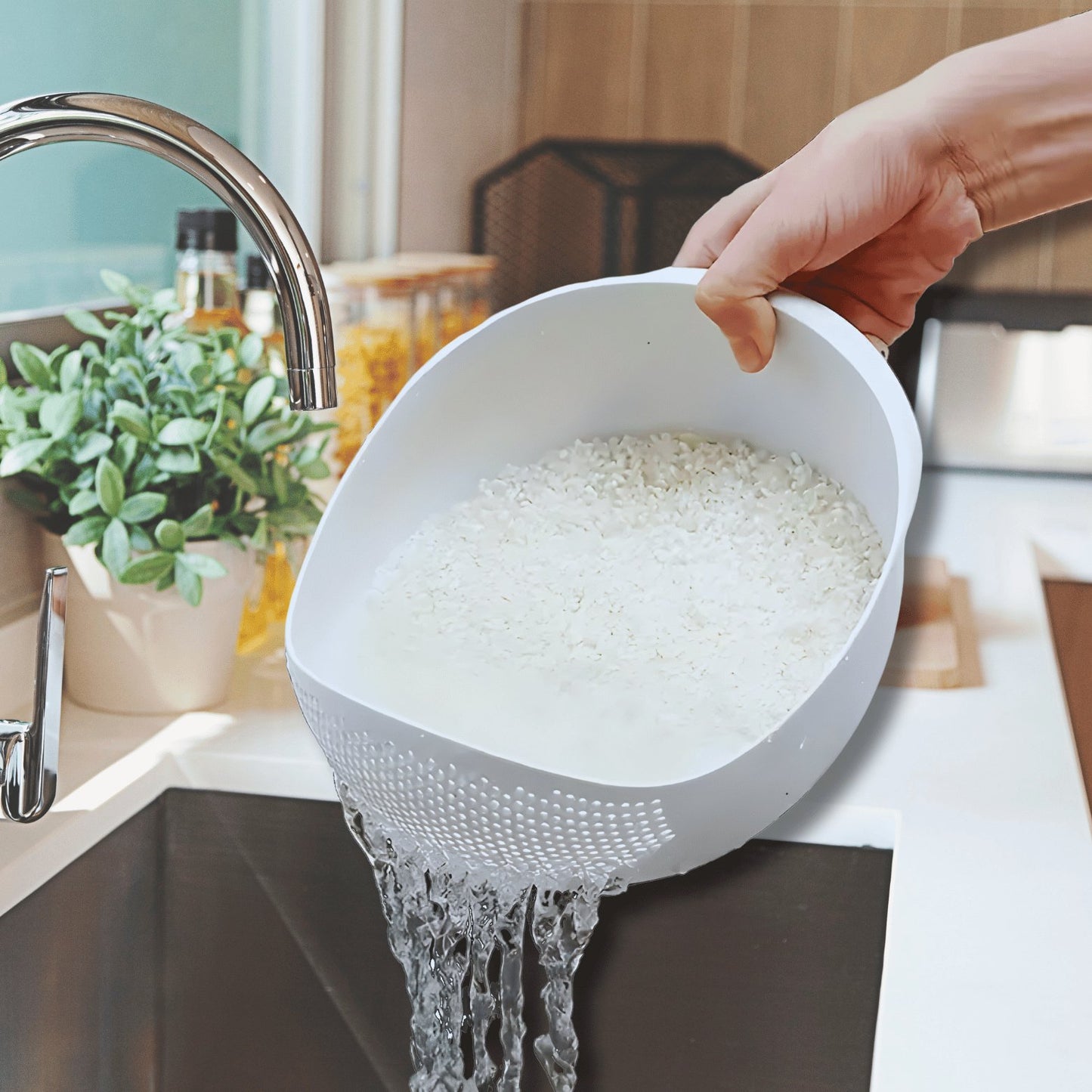 Plexel Multi-Purpose Colander: Durable Plastic Rice and Beans Strainer, Ideal Kitchen Gadget for Efficient Washing and Draining (White) - Merkanny