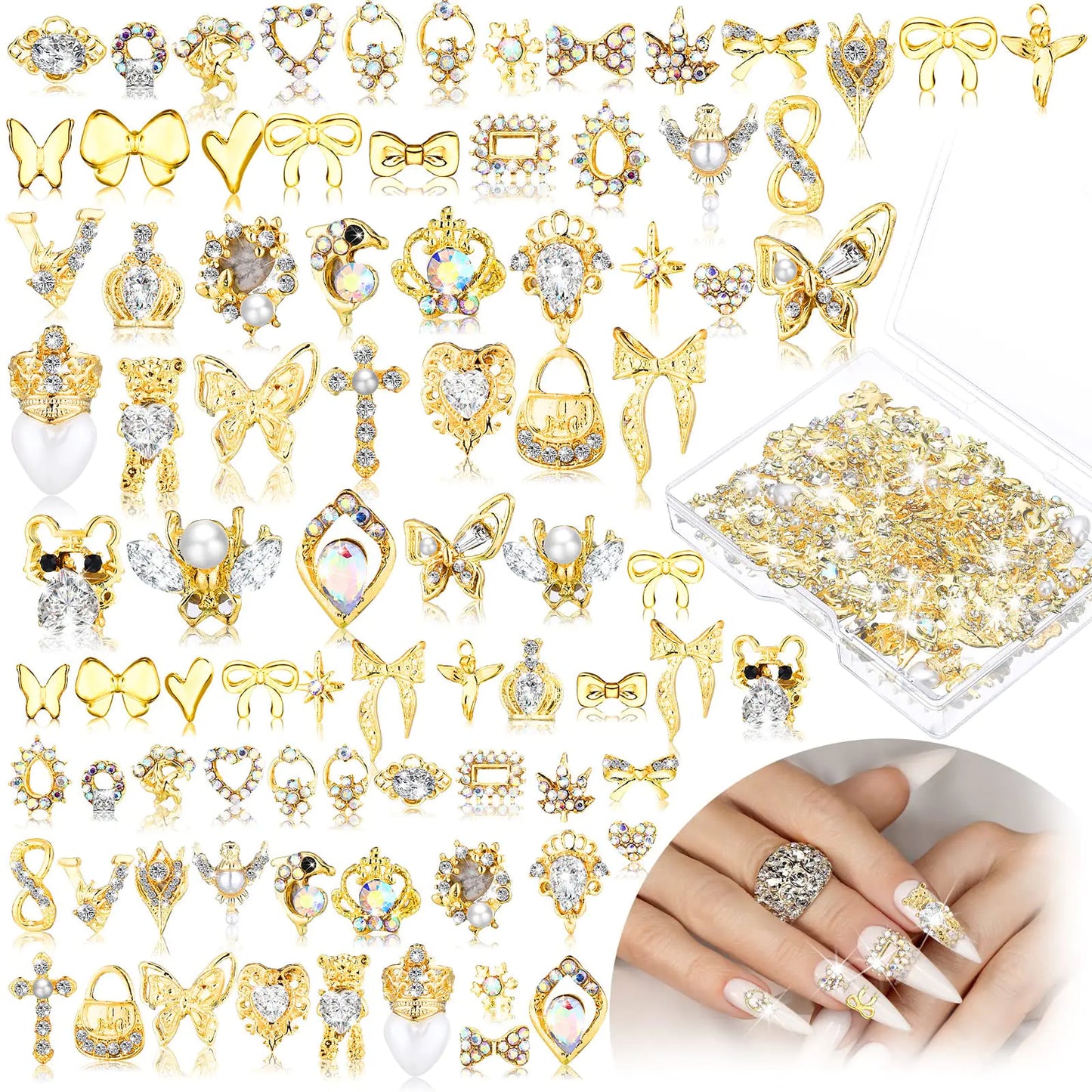 ✨ 100 Pcs Gold Nail Charms – Elegant 3D Rhinestones for Stunning Nail Art ✨