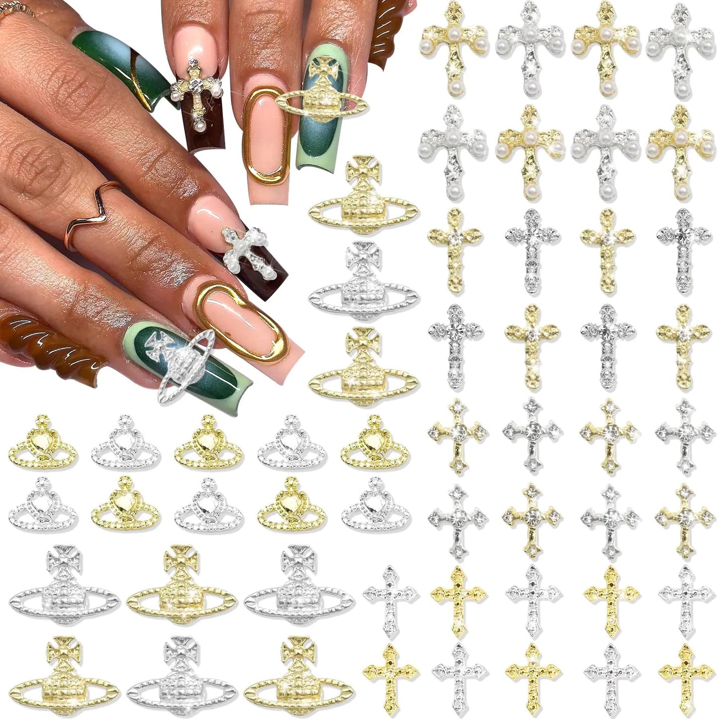 ✨ 54PCS Cross & Planet Nail Charms  Gold & Silver 3D Rhinestone Nail Jewelry for Elegant Manicures ✨