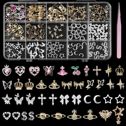 💎 155PCS 3D Nail Charms – Star, Cross, Bow & Butterfly Nail Gems in Silver & Gold 💎