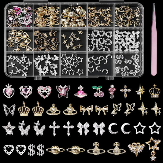 💎 155PCS 3D Nail Charms – Star, Cross, Bow & Butterfly Nail Gems in Silver & Gold 💎