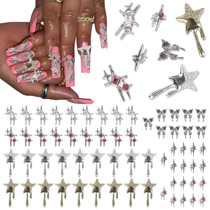 ✨ 70PCS Y2K Star & Butterfly Nail Charms  Gold & Silver 3D Rhinestone Nail Gems ✨