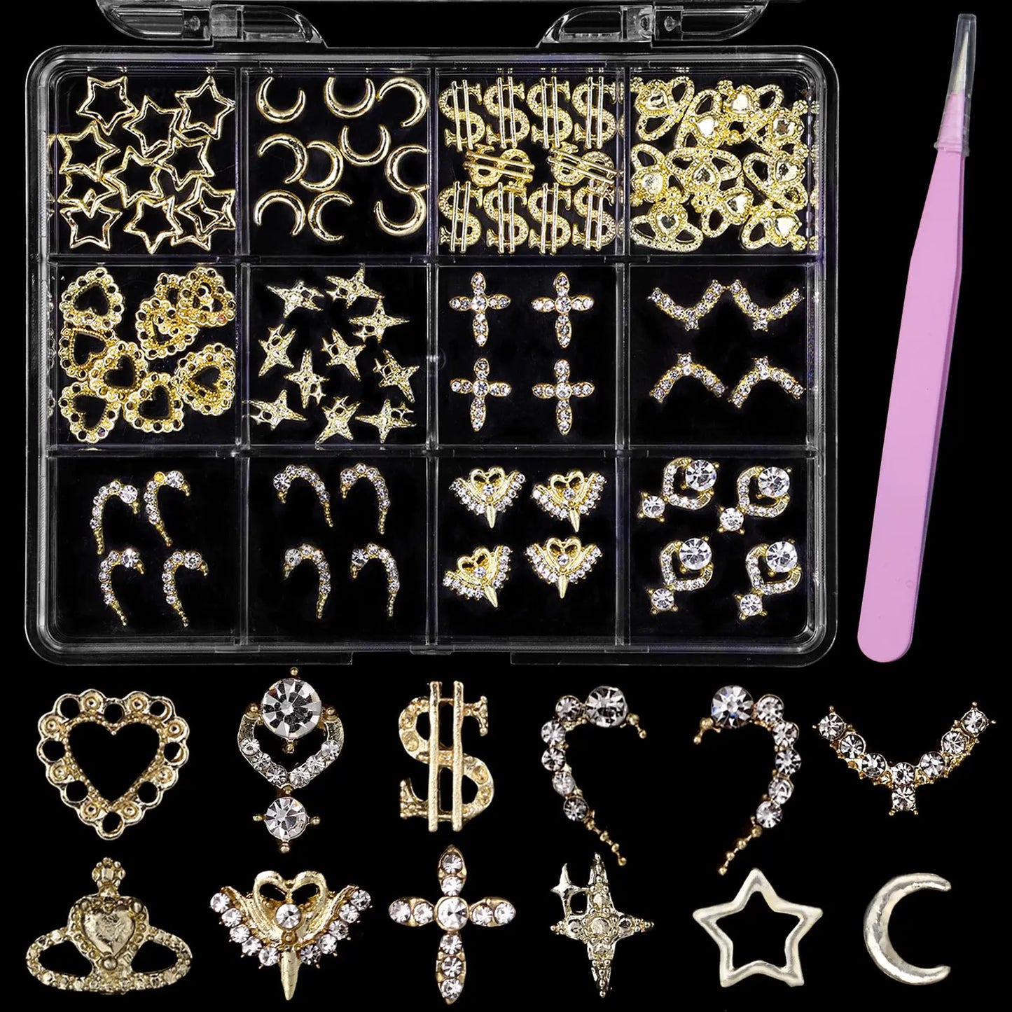 ✨ Cynailli 84PCS Gold Nail Charms Kit – 12 Styles of Luxury 3D Nail Gems ✨